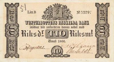 10 riksdaler riksmynt, Westerbottens Enskilda Bank, 1866