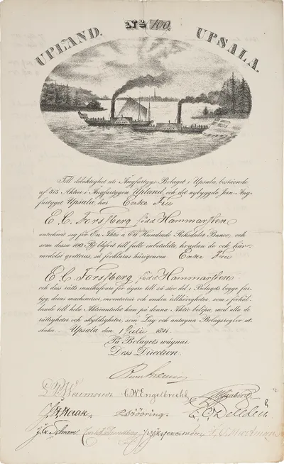 Aktiebrev i Ångfartygsbolaget i Uppsala, 1841