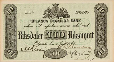 10 riksdaler riksmynt, Uplands Enskilda Bank, 1865